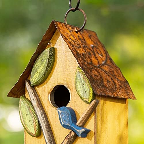 Glitzhome 9.7" H Hanging Birdhouse for Outdoor Patio Garden Decorative Pet Cottage Distressed Wooden Birdhouse, Leaves Rustic Yellow