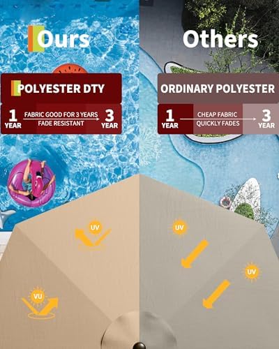 10 Ft Patio Umbrella with Solar Lights, 8 Ribs Outdoor Market Table Umbrella with 40 LED Lights & Tilt Crank for Pool, Deck, Backyard, Tan