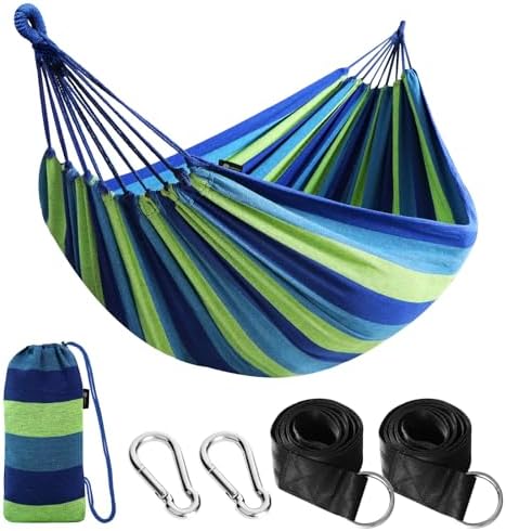 ANYOO Cotton Hammock Portable Camping Hammocks for Hanging Sturdy Garden Comfortable Fabric Hammock with Tree Straps Up to 660lbs with Travel Bag for Camping Outdoor/Indoor Patio Backyard