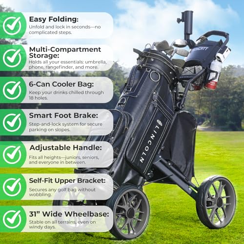Tedycatt 4 Wheels Golf Pull Cart, Upright Light Quad Golf Roller Cart with Foot Brake, Quick Fold with Cup, Phone & Umbrella Holder, Cooler Bag, Gray