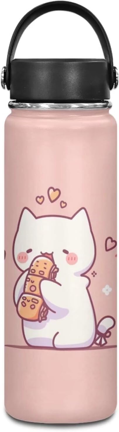 Cat Insulated Water Bottle with Handle 18 oz Vacuum Water Bottle for Hot & Cold Drinks, Wide Mouth, Great for Travel, Hiking & Camping Jug Stainless Steel Bottle Kitten Pink