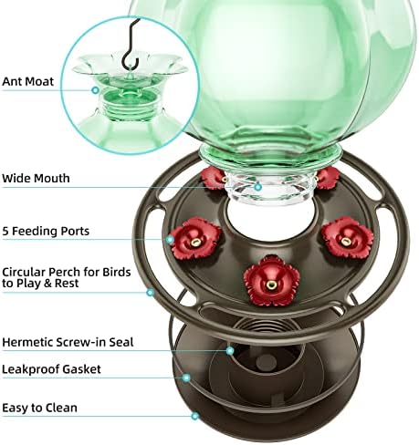 Auslar Hummingbird Feeder, Green Glass Hummingbird Feeder for Outdoors Hanging with Ant Moat, 5 Simulation Flowers Feeding Ports, 23 Ounces, Rustproof, Fade Proof, Pomegranate Shape, 2 Pack