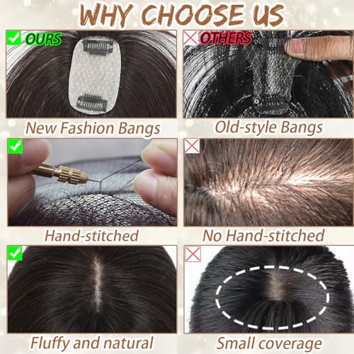 Amchoice Hair Toppers for Women Real Human Hair, Clip 360° 3D Cover, Human Toppers for Women Daily (Dark Brown, 3D Wispy Bangs (5 * 9))