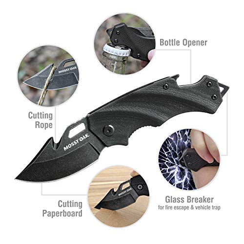 Mossy Oak Mini Folding Pocket Knife, 2.5-inch Stainless Steel Drop Point Blade - G10 Handle EDC Multifunction Tool with Bottle Opener and Glass Breaker (Black)