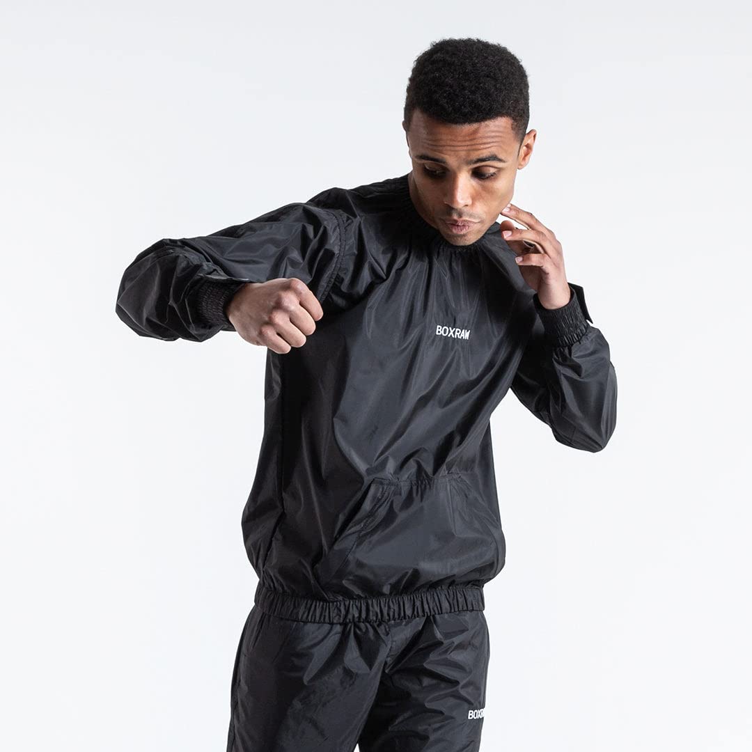 BOXRAW Hagler Professional Sauna Suit 1.0 Top & Bottoms Non Rip Weight Loss Sweat Suit Boxing MMA Training Gym (Black - L)