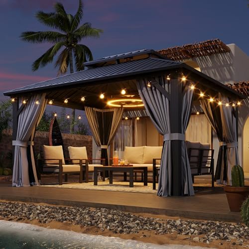 Aoxun Hardtop Gazebo 10x12, Aluminum Frame Canopy with Double Galvanized Steel Roof, Outdoor Gazebo with Breathable Netting and Privacy Curtain for Backyard
