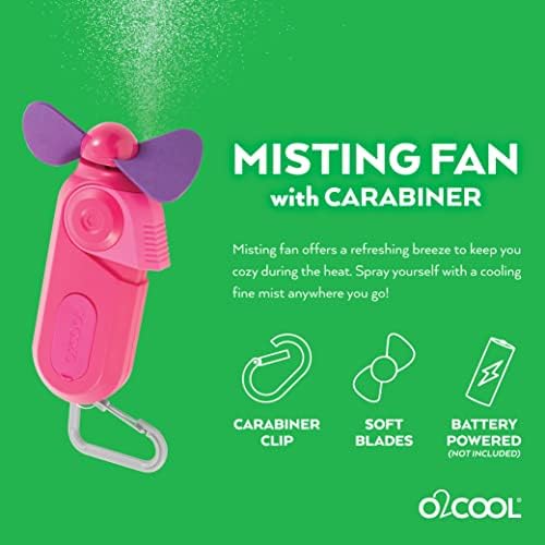 O2COOL Personal Mini Misting Fan - Portable Battery Operated Handheld Cooling Accessory with Fine Mist Spray for Outdoor, Beach, Camping - Convenient Carabiner Clip for Easy Travel - Raspberry 2 Pack