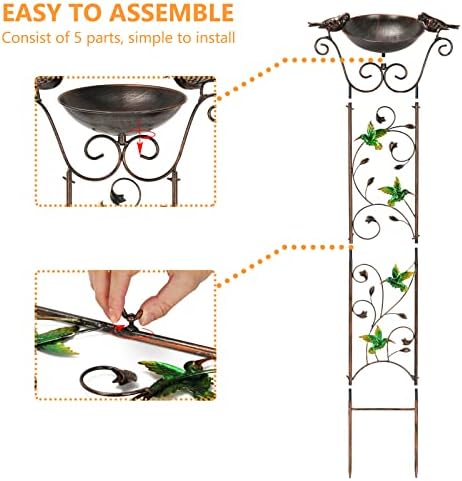 Antique Garden Iron Trellis with Decorative Hummingbirds Detachable Bird Bath Bowl Metal Potted Plant Support for Climbing Flowers