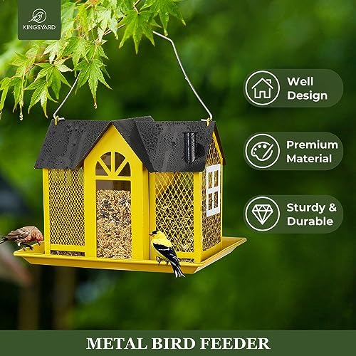 Kingsyard Bird Feeder House for Outside, Metal Mesh Wild Bird Feeder with Triple Feeders for Finch Cardinal Chickadee, Large Capacity, Weatherproof and Durable, Yellow