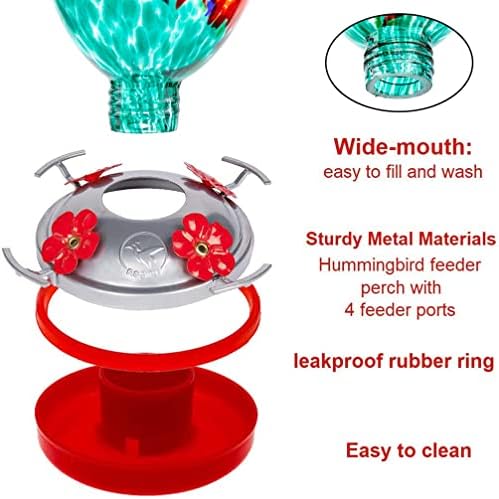 REZIPO Hummingbird Feeder with Perch - Hand Blown Glass - 38 Fluid Ounces Hummingbird Nectar Capacity Include Hanging Wires and Moat Hook (Red-Green)