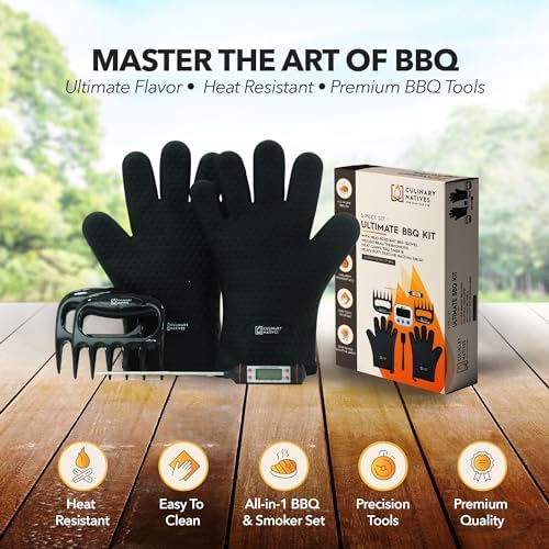 Meat Claws and Smoker Gloves | No.1 Extreme Heat Resistant BBQ Grill Gloves | Non-Slip Waterproof Silicone Oven Mitts | Pulled Pork Claws | Thermometer | Barbecue, Grilling, Smoking, Shredding (Black)
