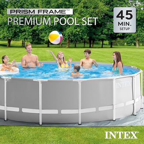 Intex 26725EH Prism Frame Premium Above Ground Swimming Pool Set: 15ft x 48in – Includes 1000 GPH Cartridge Filter Pump – Removable Ladder – Pool Cover – Ground Cloth
