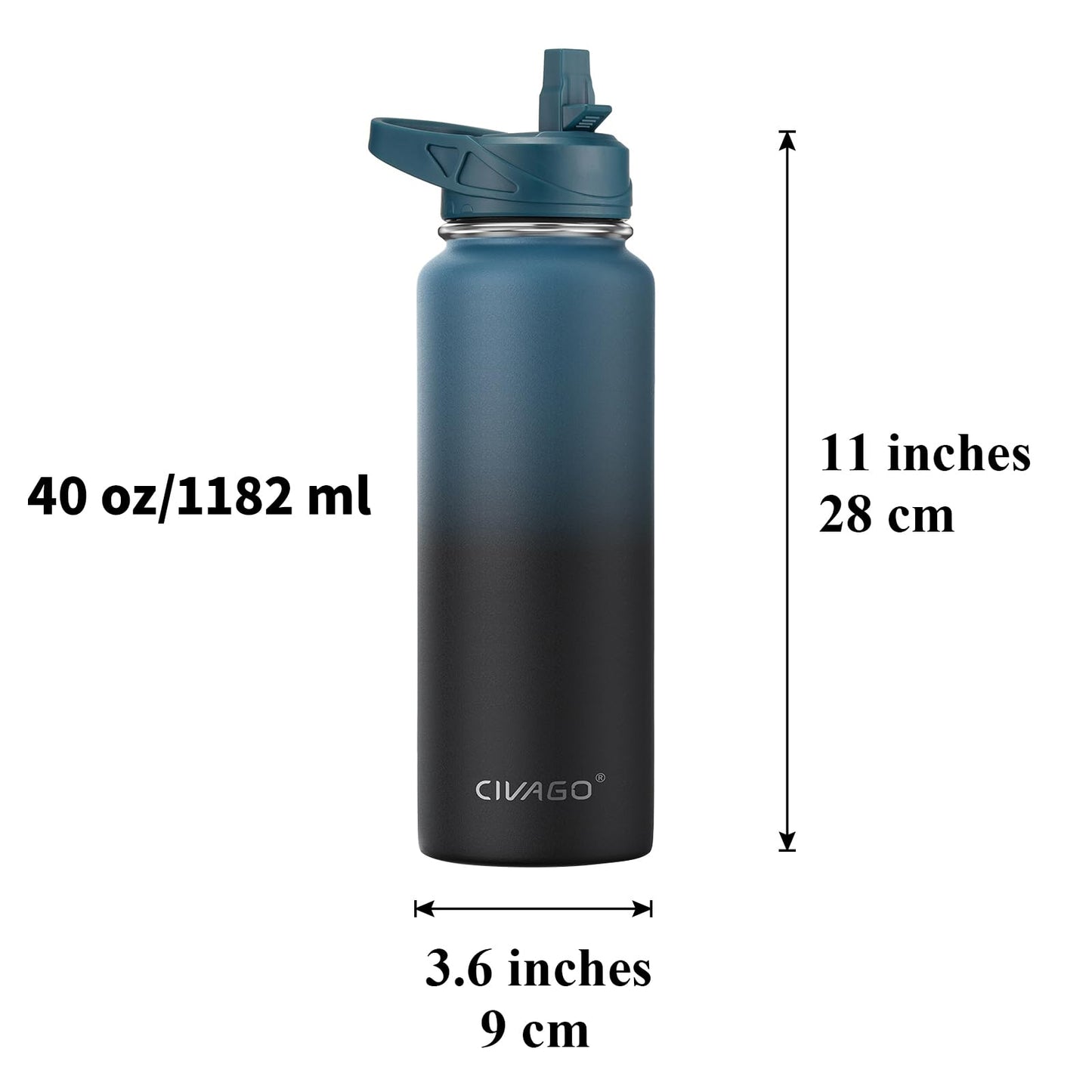 CIVAGO 40 oz Insulated Water Bottle With Straw, Stainless Steel Sports Water Flask Cup with 3 Lids (Straw, Portable Spout and Handle Lid), Double Walled Travel Thermal Canteen Mug, Camo