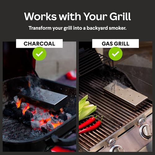 BBQ Smoker Box Kit – Stainless Steel Smoker with Hinged Lid, Apple Wood Chips, Hickory Salt – Grilling Accessories and Grilling Gifts for Men – Great Birthday Gifts for Men Who Love to BBQ