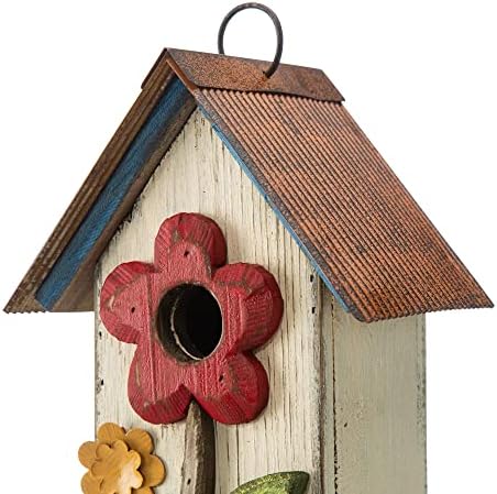 Glitzhome 10.2" H Hanging Bird House for Outdoor Patio Garden Decorative Birdhouse Pet Cottage Wooden Distressed Birdhouse, Flower Rustic White