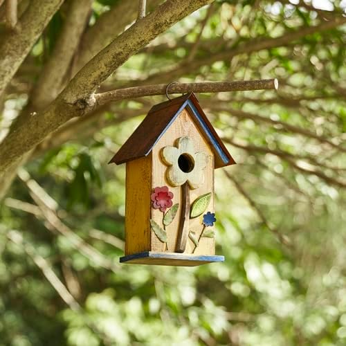 Glitzhome 10.2" H Hanging Bird House for Outdoor Patio Garden Decorative Birdhouse Pet Cottage Distressed Wooden Birdhouse, Yellow Flower