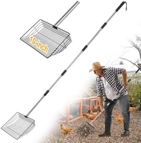 10 Inch Large Chicken Poop Scooper, 5 in 1 Chicken Coop Scoop with 22" to 67" Adjustable Stainless Steel Handle, Litter Sifting Shovel for Chicken Coop, Farm, Sheep Pen, Cat Litter, Stable Cleaning