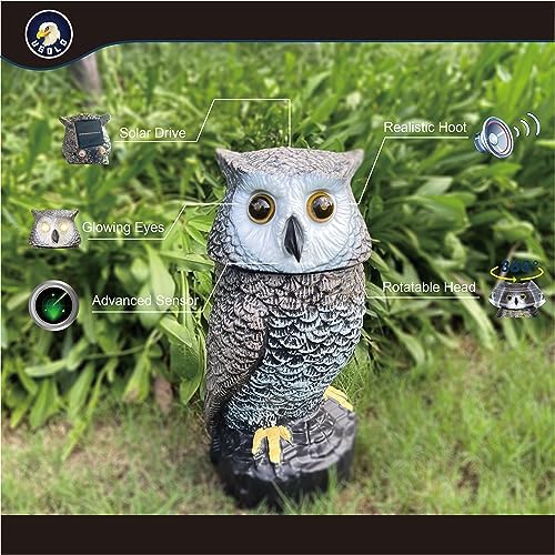 Solar Powered Garden Owl with Motion Detection, Rotating Head, Realistic Hoots and Silent Mode, Outdoor Statue and Sculpture, Owl Decoration for Home, Garden, Patio and Lawn