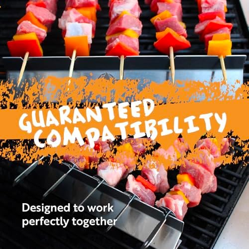 Cave Tools Kebab Rack & Skewers Set - Stainless Steel, Includes 10 Flat Skewers with Food Remover Disc - Compatible with All Types - 17.3 Inch BBQ Grilling Accessories