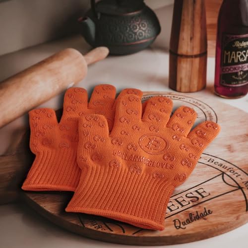 Oven Gloves 932°F Extreme Heat & Cut Resistant Oven Mitts with Fingers for BBQ, Cooking, Grilling, Baking – Accessory for Fire Pit, Camping, Fireplace & More - Orange Bitcoin Gift