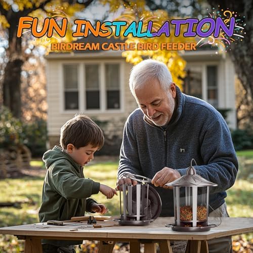 Birdream 2 Pack Bird Feeders for Outdoor Hanging, Classic Castle Design Fun Assembly Bird Feeder, Attracting Wild Birds Cardinals Goldfinches Chickadees Finches Sparrows - Brown