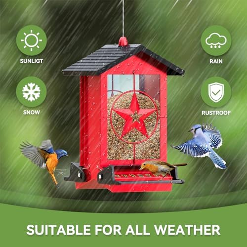 Squirrel Proof Bird Feeder for Outdoors Hanging, Metal Wild Bird Seed Feeder with Bilateral Weight-Activated Perches, 5LB Large Capacity Wild Bird Feeders for Outside Finch, Cardinal, Blue Jay