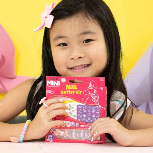 KISS imPRESS No Glue Mani Press On Nails, Mini Nail Artist Kit, 3-D Effect, Pink, Kids Size, Squoval Shape, Includes 26 Fake Nails, 4 Sticker Sheets, 1 Mini Nail File