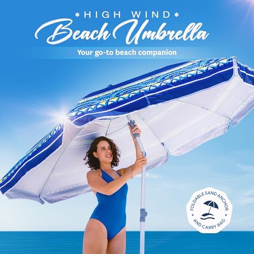 AMMSUN 7ft Heavy Duty High Wind Beach Umbrella with sand anchor, Built-in Table Tray & Tilt Pole, UPF 50+ Windproof Portable Outdoor Umbrellas Carry Bag for Patio Garden Pool Backyard stripe (Haute