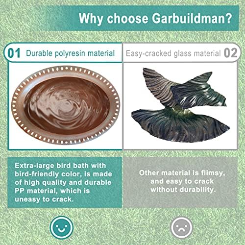 Garbuildman Extra-Large Freestanding Birdbaths Bowl, Detachable Decoration Spa with Metal Stake Stand & Birdfeeder for Outdoor Garden, Oval Style, Chocolate