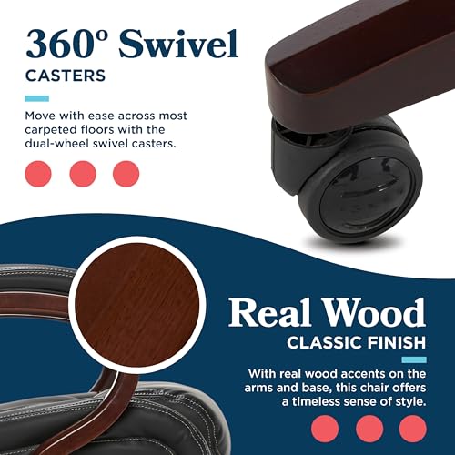 La-Z-Boy Bellamy Executive Office Chair with Memory Foam Cushions, Real Wood Arms and Swivel Base, Waterfall Seat Edge, Faux Bonded Leather, Black