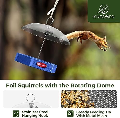 Kingsyard Platform Bird Feeder for Outdoor Hanging - Rugged Recycled Plastic Wild Bird Feeding Station with Adjustable Dome & Metal Mesh Tray, Blue