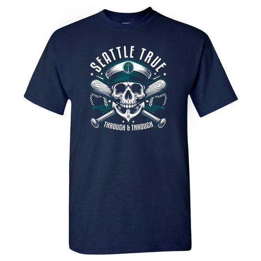 Seattle True Through & Through Men's Skull T-Shirt for Seattle Fans (Navy Shirt,L)