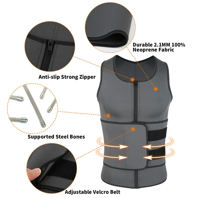 SHAPERIN Sweat Sauna Vest for Men Waist Trainer Body Shaper Zipper Neoprene Tank Top with Adjustable Belt Gray S
