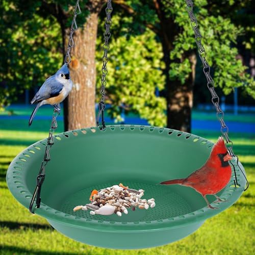 2 Pack Hanging Bird Feeder Tray 12 inch with Drainage Holes Fit Most Seed, Bird-Feeder Hanging for Garden Yard Outside, Green