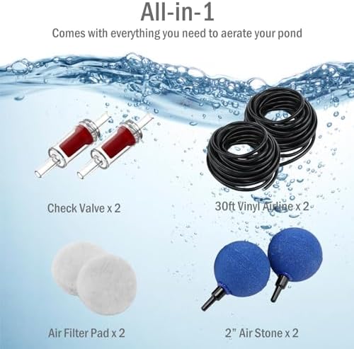 All-in-One Pond Aerator for Outdoor Ponds, Flow Adjustable Pond Air Pump Aeration Kit with Airline Tubing Air Stones Check Valves
