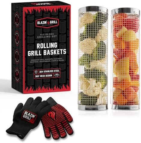 BLAZIN' GRILL Rolling Grill Basket | Rolling Grilling Baskets for Outdoor Grilling 2 Pcs | Barbecue Grill Set with BBQ Gloves | Portable Camping Net Rack Perfect for Vegetables, Seafood & Meat