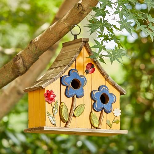 Glitzhome Hanging Birdhouses for Outside, 10.75" L Distressed Solid Wood Birdhouse with 3D Flowers Rustic Two-Story Townhouse Hand-Painted Bird Houses for Outdoors,Washed Yellow