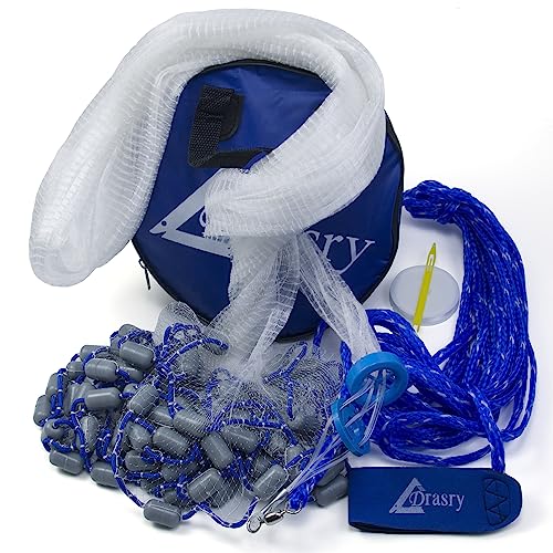 Drasry Saltwater Fishing Cast Net 3/8 and 1/4 Mesh with Heavy Duty Gray Sinker American Monofilament Fish Throw Net for Bait Trap 3FT 4FT 5FT 6FT 7FT 8FT 9FT Radius 1/4, 3FT Radius /90cm