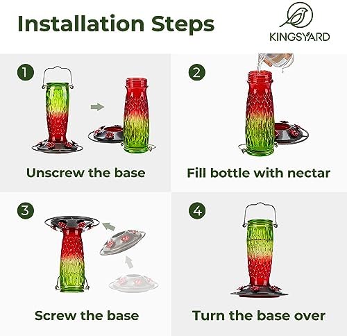 Kingsyard Hummingbird Feeders for Outdoors Hanging, 24 Ounce, Glass Hummingbird Feeder with Ant Moat & 6 Bee Guard Feeding Ports, Leak-Proof, Green & Red