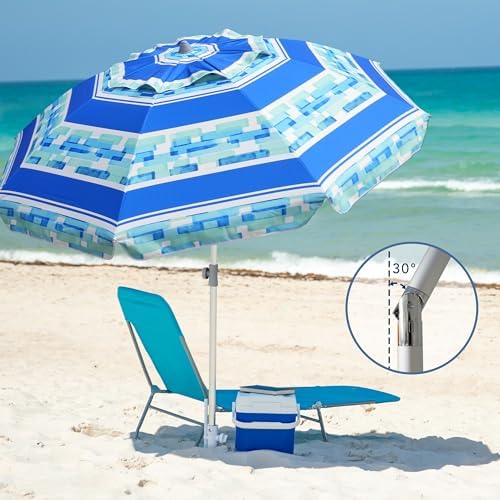 AMMSUN 7ft Heavy Duty Windproof Portable Beach Umbrella with Sand Anchor Vent Adjustable Height with Tilt Aluminum Pole, Portable UV 50+ Protection Carry Bag for Patio Garden Beach Pool Backyard