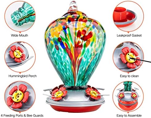 Muse Garden Hummingbird Feeders for Outdoors Hanging, Blown Glass Hummingbird Feeder, Gifts for Mom, Garden Decor for Outside, Unique Gifts Idea for Women, 34 Ounces, Turquoise Fireworks