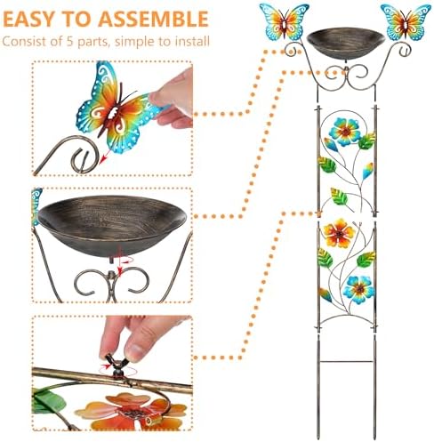 Bird Bath with Trellis Outdoor, Antique Garden Iron Plant Trellis with Decorative Floral-Butterflies Detachable Bird Bath Bowl Metal Potted Plants Support for Climbing Flowers