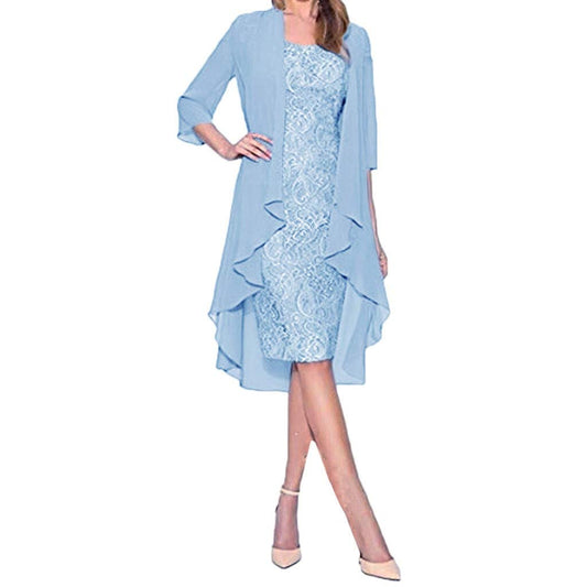 Aniywn Women Plus Size Two Piece Long Sleeve Party Dress Lace Solid Color Elegant Long Maxi Dress Mini Dress