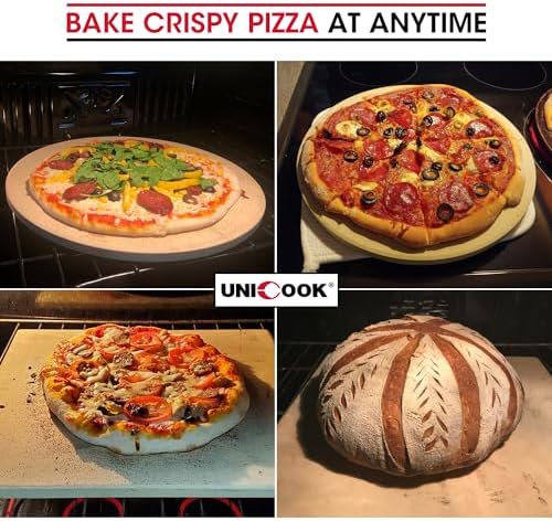 Unicook Pizza Stone for Oven and Grill, Rectangular Baking Pan 15 Inch x 12 Inch, Cordierite Large Cooking Oven Stone with Plastic Dough Scraper, Thermal Shock Resistant Pizza Pan