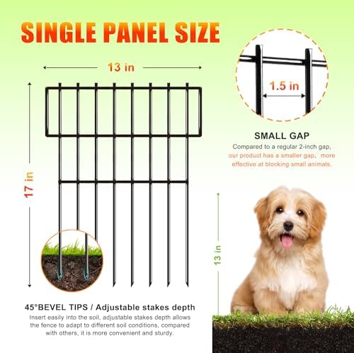Animal Barrier Fence No Dig 10pcs Garden Fence 10.8ft(L) X17 H Dog Fence Panels 1.5" Gap No Dig Garden Borders for Yards, Metal Fence Panels Outdoor Rustproof