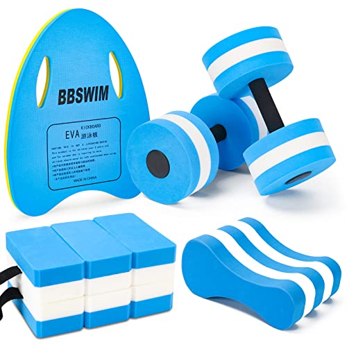 NEAGLORY 5 Pieces Water Aerobics Set Aquatic Exercise Set Pool Fitness Equipment Foam Water Dumbbell, Swim Kickboard, Pull Buoy, Aquatic Swim Belt for Water Exercise, Blue