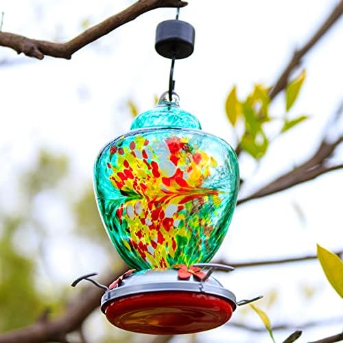 REZIPO Hummingbird Feeder with Perch - Hand Blown Glass - 38 Fluid Ounces Hummingbird Nectar Capacity Include Hanging Wires and Moat Hook (Green)