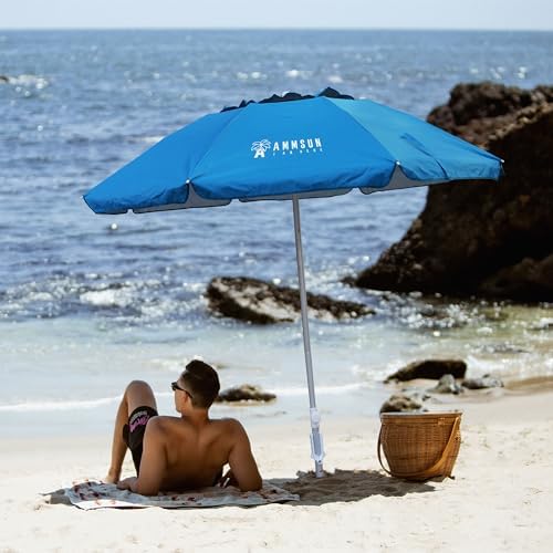 AMMSUN 6.5ft Twice Folded Portable beach umbrella with Sand Anchor Windproof Tilt Pole Air vent UPF 50+ Protection Fits in a large Suitcase Compact For Travel Patio Garden Pool Backyard Sky Blue