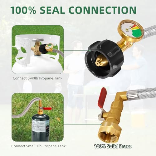 Propane Adapter for 1 lb. Tanks with Tank Gauge & Control Valve, 3 FT Propane Refill Stainless Steel Hose with 4 Bottle Caps, Fill 1 Pound Bottles from 5-40lb Tank