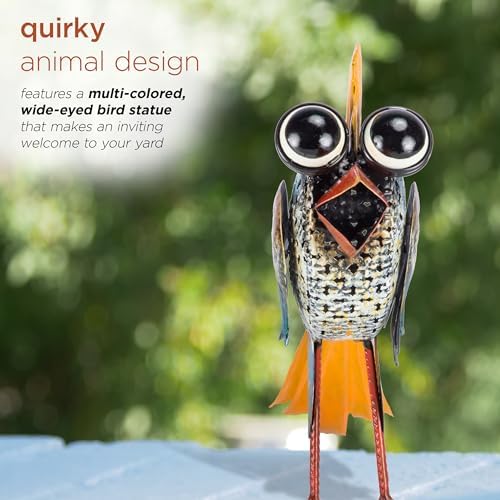 Alpine Corporation 11" Tall Outdoor Metal Wide-Eyed Bird Standing Yard Statue Decoration, Multicolor